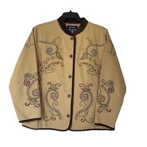 Denim & Co Denim Jacket Womens Sz L Tan Brown Trim Paisley Embroidered Button Up